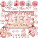 13th Birthday Decorations for Girls, 13 Birthday Girl Decorations include Official Teenager Decorations Banner, Backdrop, Hanging Swirls, Balloons, Paper Pompoms, Crown And Sash, Pink 