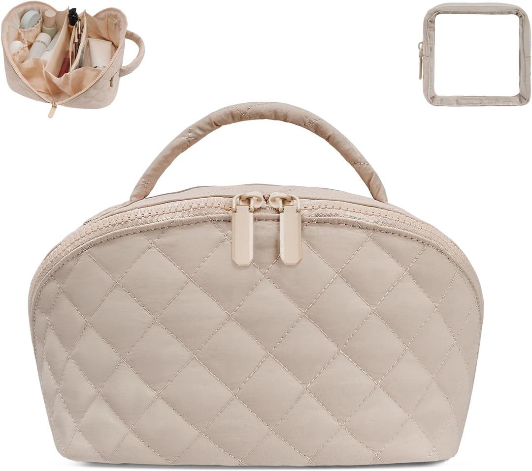 Makeup Bag,Quilted Puffer Cosmetic Bag for Women, 180 Lay-Flat Travel Make up Bag, Waterproof Large Capacity Toiletry Bag with Sturdy Zippers, Portable Makeup Organizer for Travel & Daily Use (EXP 11/24/32)