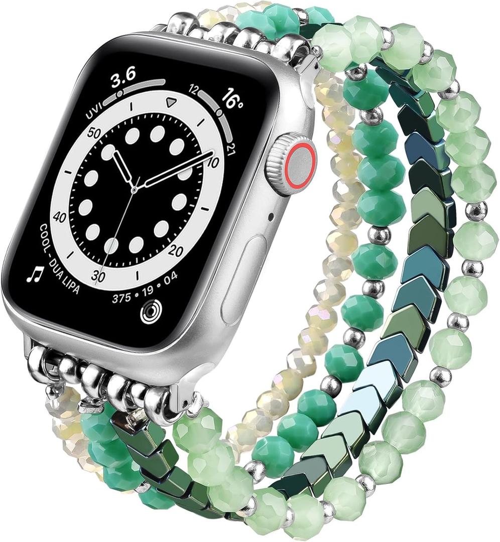 MOFREE Beaded Bracelet Compatible with Apple Watch Band 38mm/40mm/41mm/42mm, Fashion Elastic Stretch Women Bands for iWatch Series 11/10/9/8/7/SE/6/5/4/3/2/1 iPhone Watch Strap Bands Green