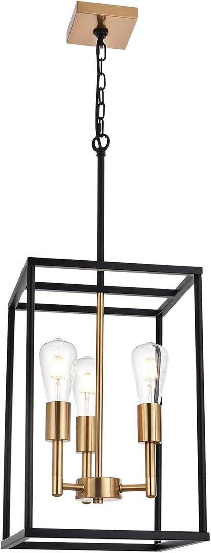 VINLUZ 3 Light Vintage Industrial Pendant Light, Lantern Cage Chandelier in Black and Brushed Brass Finish Classic Hanging Kitchen Lighting for Foyer Dining Room Kitchen Island, Bedroom