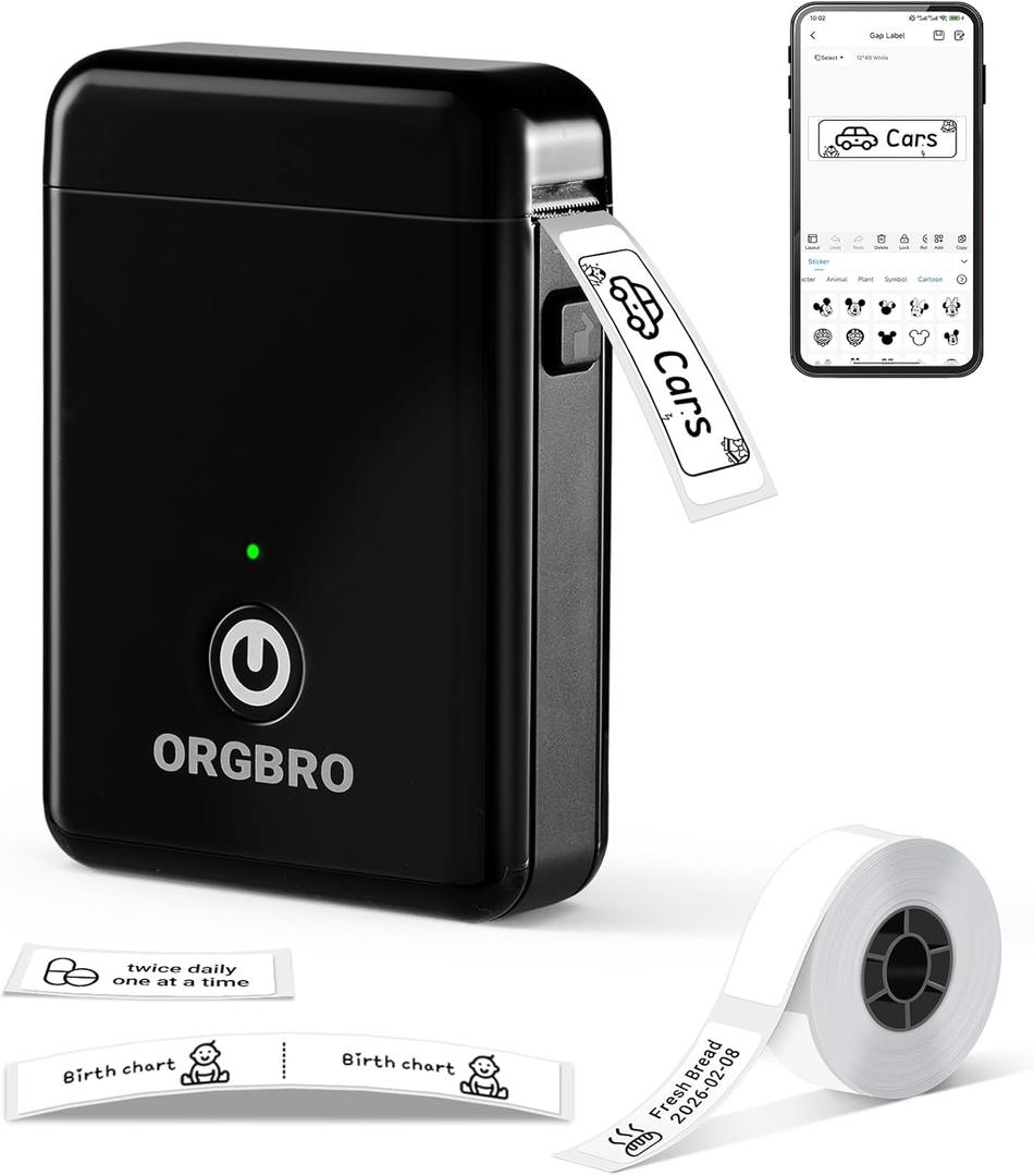 ORGBRO Label Maker Machine with Tape, X1 Portable Bluetooth Mini Label Printer, Support Pre-Cut & Continuous Label, Wireless Small Label Makers with Versatile App for School Home Office Organization
