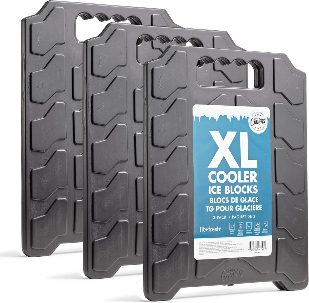 Cool Coolers by Fit & Fresh XL Slim Cooler Ice Blocks, Reusable & Long Lasting XL Ice Packs for Coolers, Slim XL Ice Packs for Cooler Bags, Space Saving, Quick Freeze, 10"x 13", Black, 3PK