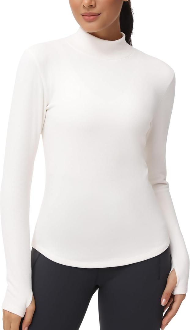 THE GYM PEOPLE Fleece Mock Turtleneck Pullover Base Layer Shirts Long Sleeve Workout Tops with Thumb Hole (Small, Beige)