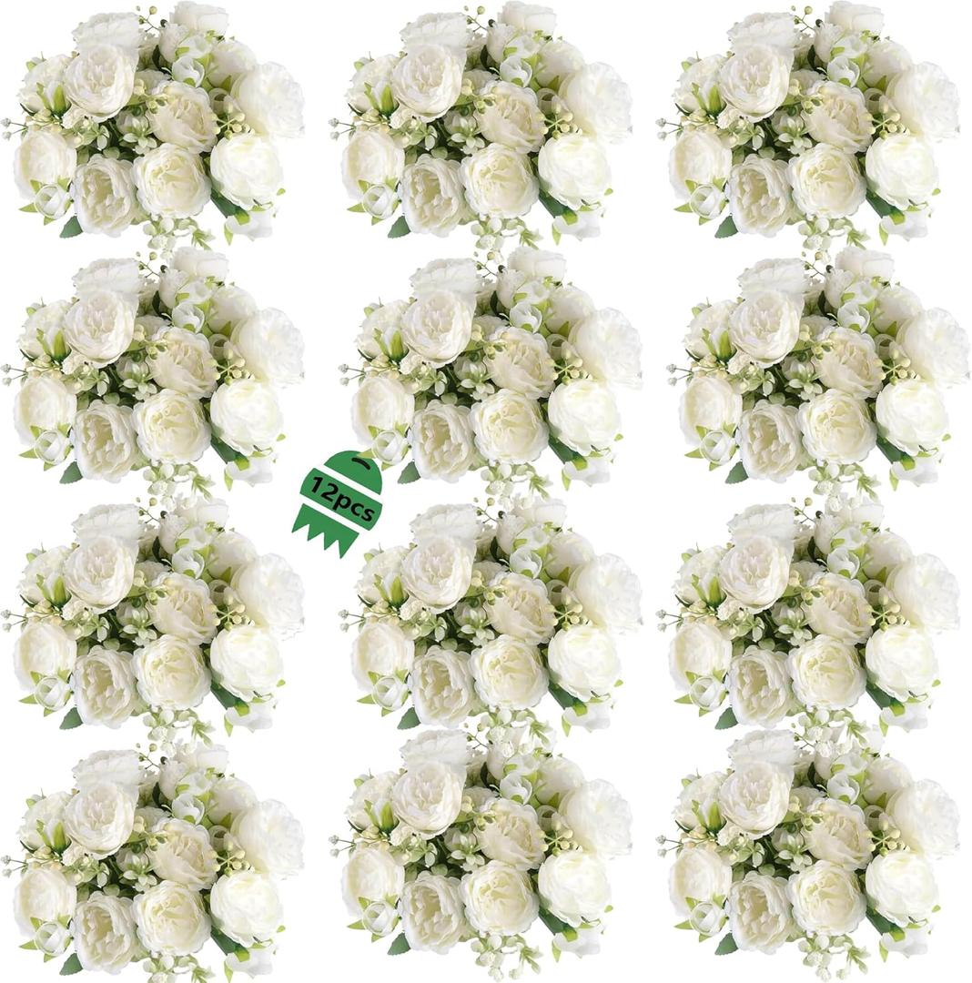 12 Bundles Peonies Artificial White Flowers Bouquet, Lifelike Silk Fake Peonies with Stems for Home Table Centerpieces, Wedding, Party & DIY Bridal Floral Arrangements (White)