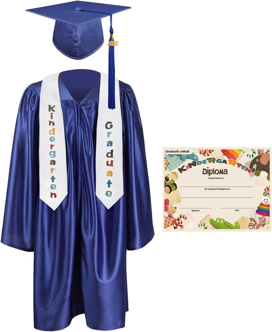 GraduationMall Kindergarten Graduation Cap Gown Stole Package with 2025 Tassel, Certificate (Small, Royal Blue)