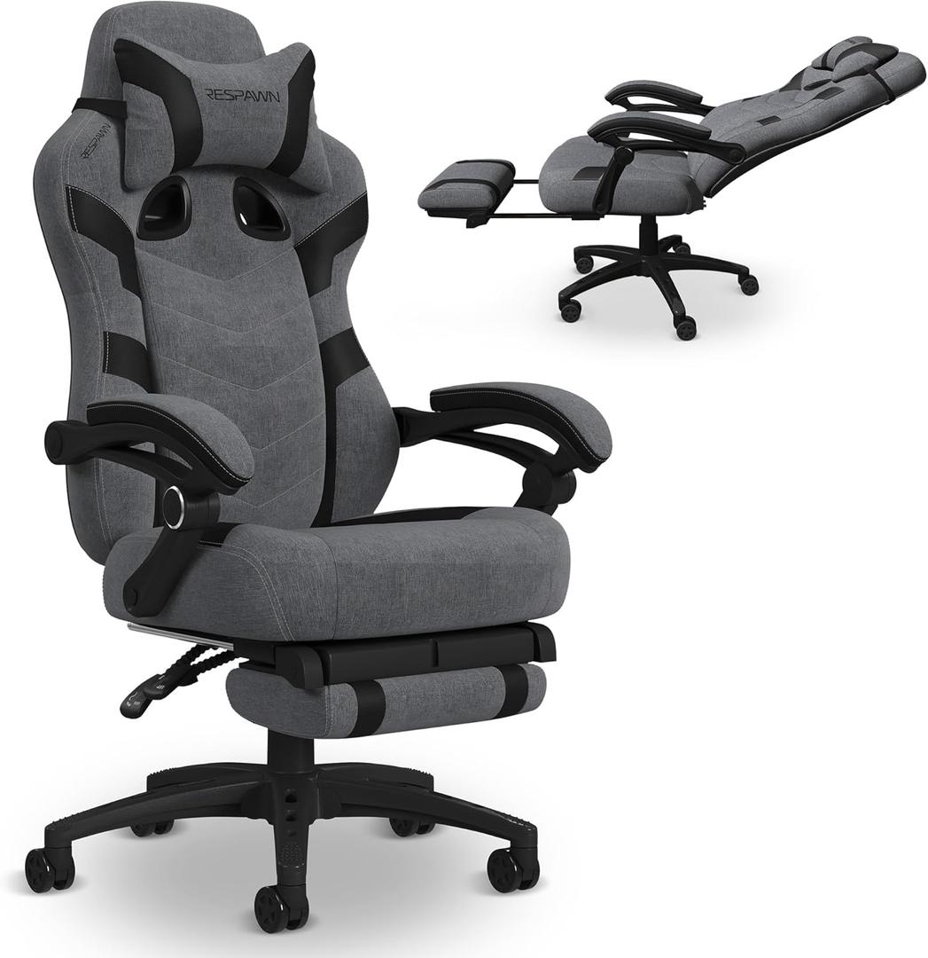 Respawn 110 Pro Ergonomic Gaming Chair with Footrest for Adults - Comfortable Office Gaming Recliner with Lumbar Support and Headrest, Racing Style Video Game Chairs for Computer Gamer - Gray Fabric