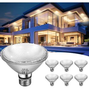 PAR30 Short Neck 75W, 6 Pack PAR30 Halogen Flood Light Bulbs, 2700K, Dimmable, Long Lasting PAR30 Light Bulb 120V with E26 Base for 5-6in Recessed/Ceiling Cans/Accent/Tracking Lighting