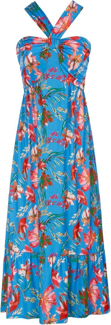 2024 Summer Women's Criss Cross Halterneck Sleeveless Floral Print Flowy A Line Maxi Dress Blue Red S