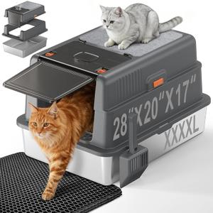 XXXXL Stainless Steel Litter Box with Lid,28.0" L 20" W 17" H Extra Large High Sided Cat Litter Box for Multi -Cats,Enclosed Metal Litter Box with Cat Scratcher and Scoop,Dark Gray