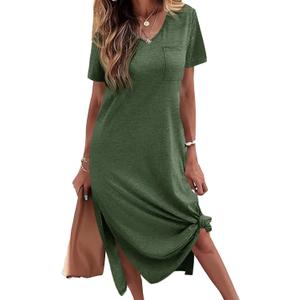 Wenrine Women Summer T Shirt Dress Casual Short Sleeve V Neck Loose Side Slit Long Tshirt Maxi Dresses with Pockets (Green, S)