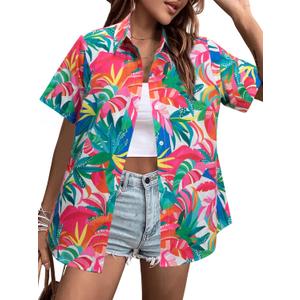 MYHALF Women Hawaiian Shirt Soft Cool Summer Hawaii Shirts Floral Tropic Print V Neck T-Shirt Short Sleeve Button Up Tops (X-Large)