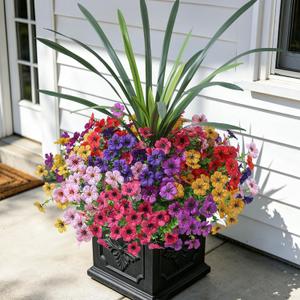 INSPRING Artificial Flowers for Outdoors, UV Resistant 12 Bundles Silk Flower Daisy with Eucalyptus + Orchid Leaf, Realistic Faux Outdoor Flowers for Porch Planter Garden Patio Boxwood (6 Multicolor)