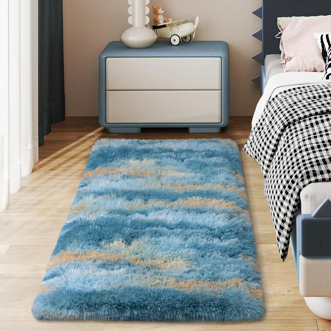 Soft Runner Rugs for Bedroom Hallways, 2x4 Abstract Blue Fluffy Shag Throw Area Rug Non Slip for Bedside Dorm, Long Shaggy Furry Carpet for Nursery Living Room