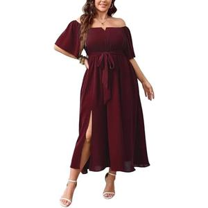 SCOMCHIC Womens Plus Size Formal Dresses Off The Shoulder Wedding Guest Cocktail A-Line Split Maxi Dress with Pockets, Burgundy 2XL