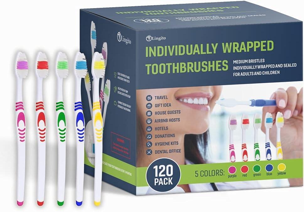 Bulk Portable Toothbrushes, Individually Wrapped, Manual Disposable Travel Toothbrush Set for Adults, Medium Soft Large Head, Multi Color Travel Toothbrush Kit (120 Pack - Medium)