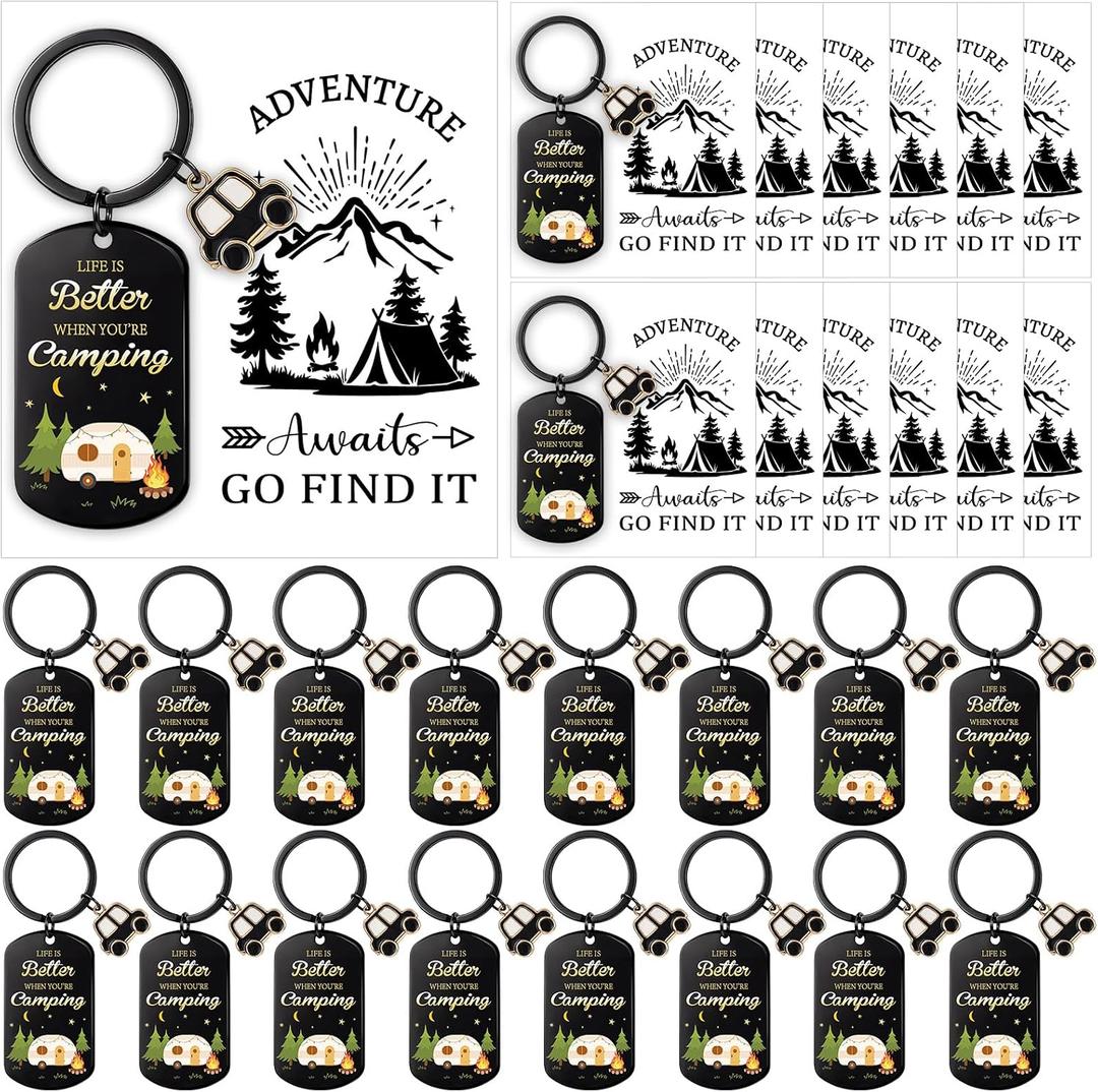 Huquary 24 Pack Camping Party Favors Keychain Bulk Camper Keychain with Cards Set Camper RV Keyring Gifts for Women Men Travel Camp Theme Birthday Party Favor Supplies, about 2.8 x 5 cm/1.1 x 2 inch