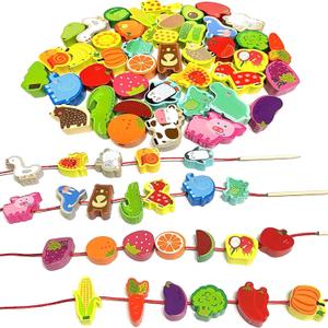 Intsinzi 46 PCS Montessori Wooden Lacing Beads Toys for Toddlers,Educational Stringing Animals Fruits Farm Threading Beads Preschool Learning Toys for Kids 3 4 5 6 Year Old Boys Girls (Rainbow)