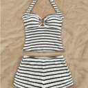 MakeMeChic Women's Summer 2 Piece Sets Striped Knit Halter Tank Tops Mini Shorts Set Beach Vacation Outfits Black White Large