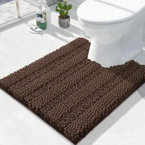 Yimobra Toilet Rugs U Shaped Washable 24 x 20, Non Slip and Super Absorbent Toilet Mat, Quick Dry, Ultra Luxury Microfiber Chenille Plush Fluffy Contour Bath Rugs for Toilet Base, Brown