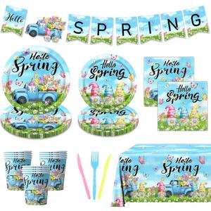Hello Spring Birthday Party Decorations-Barnyard Party Decorations with Little Blue Truck Tablecloth,Gnome Paper Plates,Cups,Wildflower Napkins,and Banner,20 Guests Barn Cars Theme Kit Party Supplies
