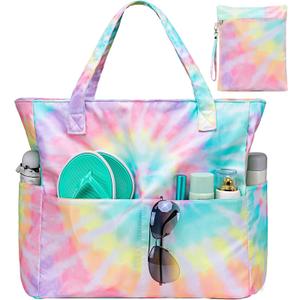 CAMTOP Waterproof Beach Tote Bag for Women Girls with Zipper Foldable Sandproof Pool Swim Bag Travel Carry On Gym (Z-2pcs 2-tie Dye)
