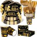 350PCS 80th Birthday Party Decorations for 50 Guests Black and Gold Party Supplies Include Disposable Paper Plates, Napkins, Cups, and Tableware
