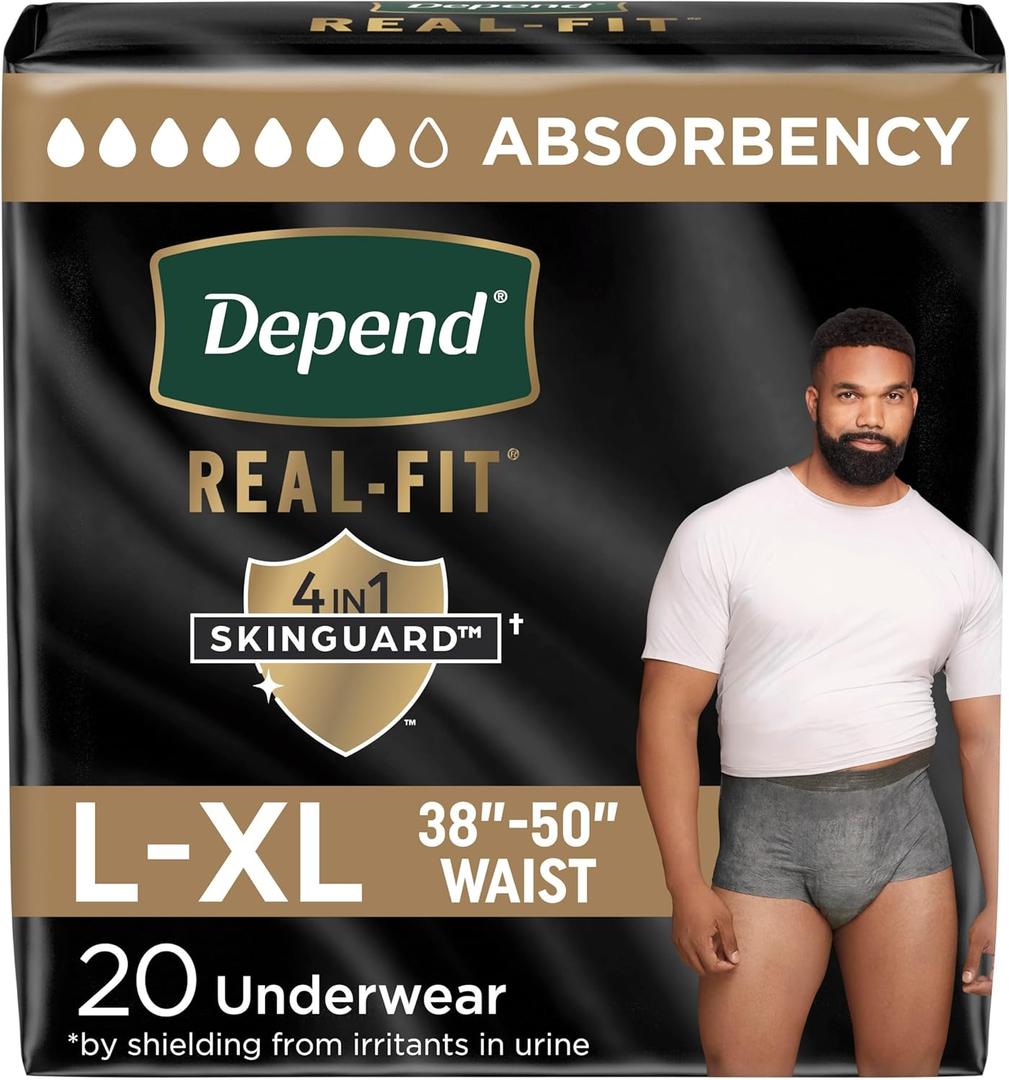 Depend Real Fit Adult Diapers, Incontinence Underwear for Men, Disposable, Maximum Absorbency, Large/Extra Large, Grey, 20 Count,