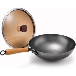 Calmabode 13 Large Round Bottom Carbon Steel Wok with Glass Lid | Large traditional Chinese round-bottom wok for gas stoves, nitrided carbon steel, glass lid, ideal for family stir-fry