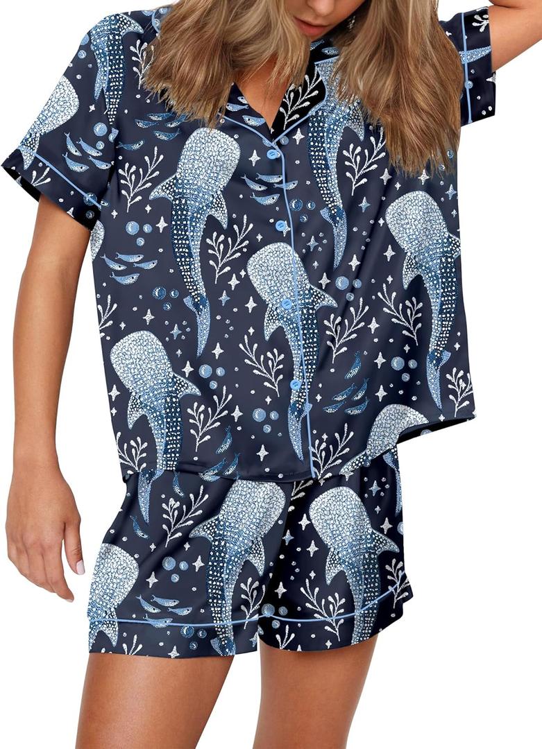 SHESHOW Funny Graphic Pajamas for Women Set Button Down Short Sleeve Top and Shorts Pjs Sets Sleepwear XS-XXL (Small, Blue Whale Shark)