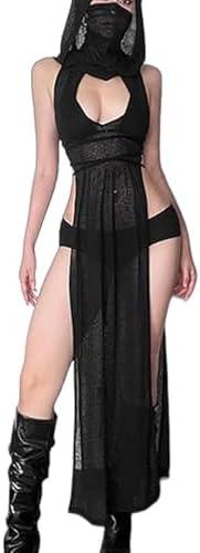 LINNSUJH Gothic Rave Outfits Dresses for Women Festival Long Dresses Sexy Goth Clothes Rave Wear, Medium
