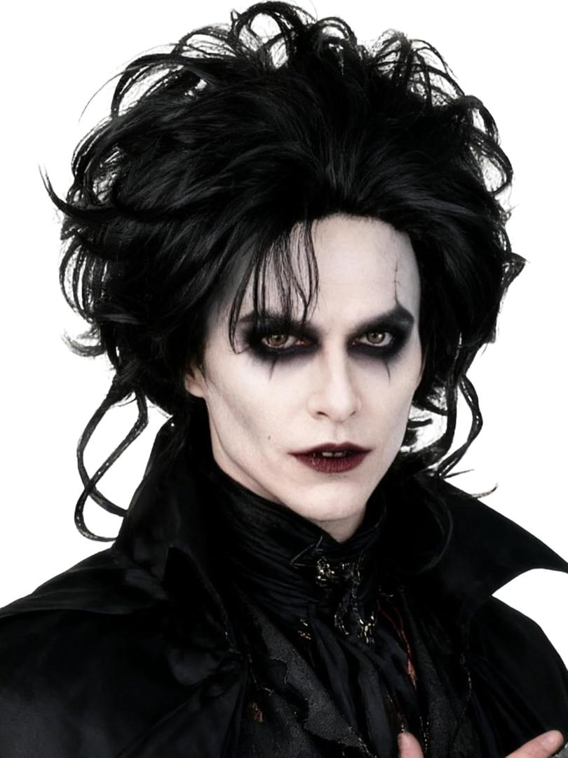 Short Curly Men's Black Scissor Wig Black Layered Costume Wig Synthetic Hair for Halloween Party Costumes