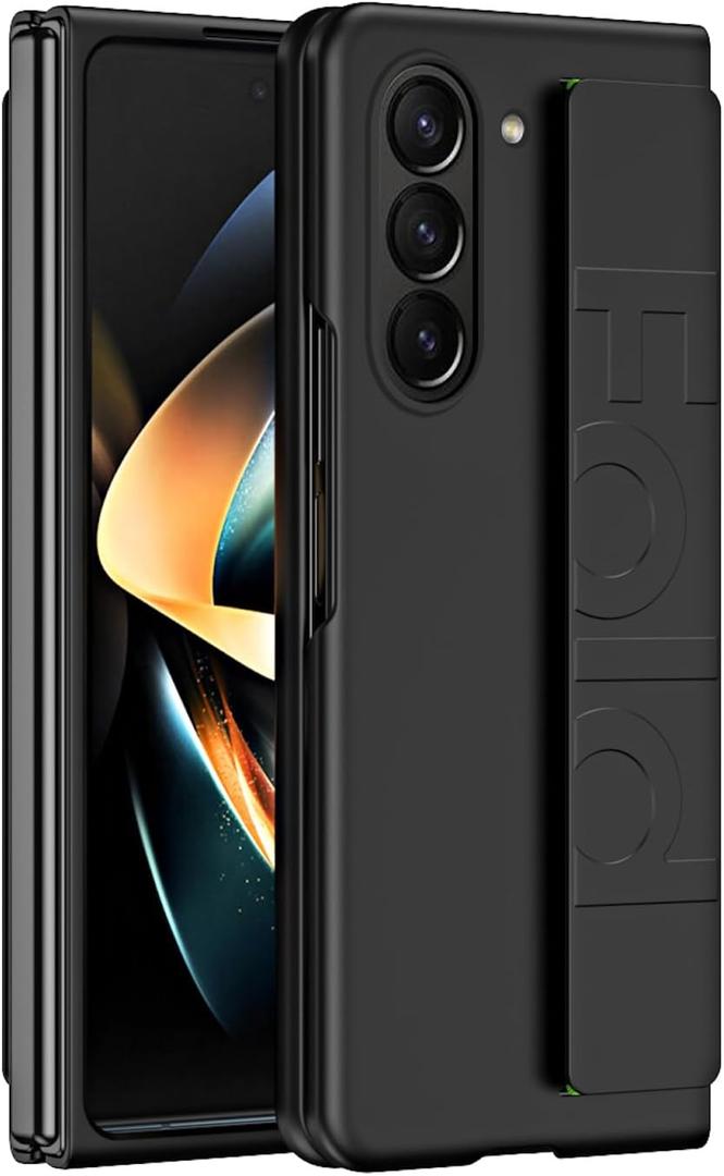 for Samsung Galaxy Z Fold 6 Case with Wrist Strap, Luxury Hard PC + PU Leather with Finger Wristband Shockproof Protective Case Cover for Samsung Galaxy Z Fold6.Wristband Black