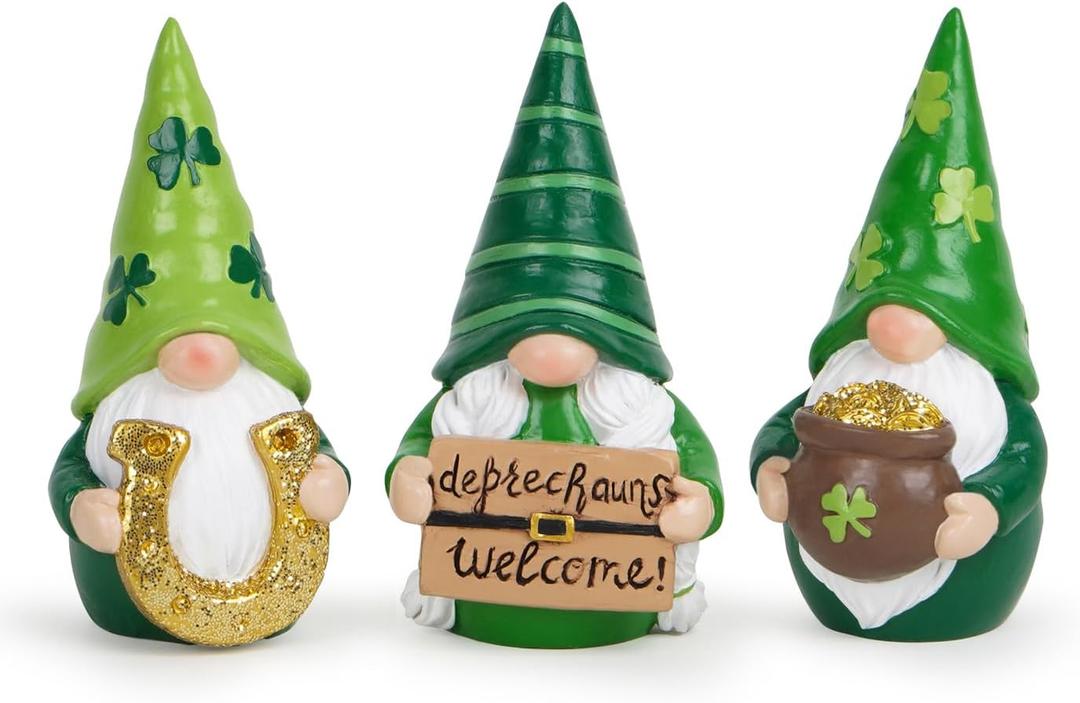 Hodao St. Patricks Day Gnomes Figurines Hand-Painted Resin Leprechaun Gnomes with Pot of Gold, Horseshoe & Shamrock, Lucky Green Home Decor & Gift