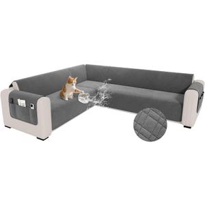 YUEVELLA Waterproof L Shaped Couch Cover for Sectional Sofa Velvet Quilted Corner Sofa Cover L Shape Furniture Protector Slipcover Set with Non Slip Straps for Pets Dogs Kids (X-Large, Dark Grey)