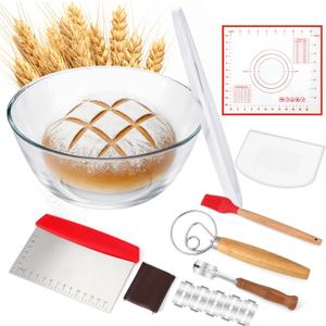 7 Pcs Large Glass Bowl for Sourdough Bread starter 4.7 Quart Glass Mixing Bowl for Sourdough Bread with Lid Sour Dough Breads Baking Supplies Clear Proofing Bowls Include Sour Dough Making Tools