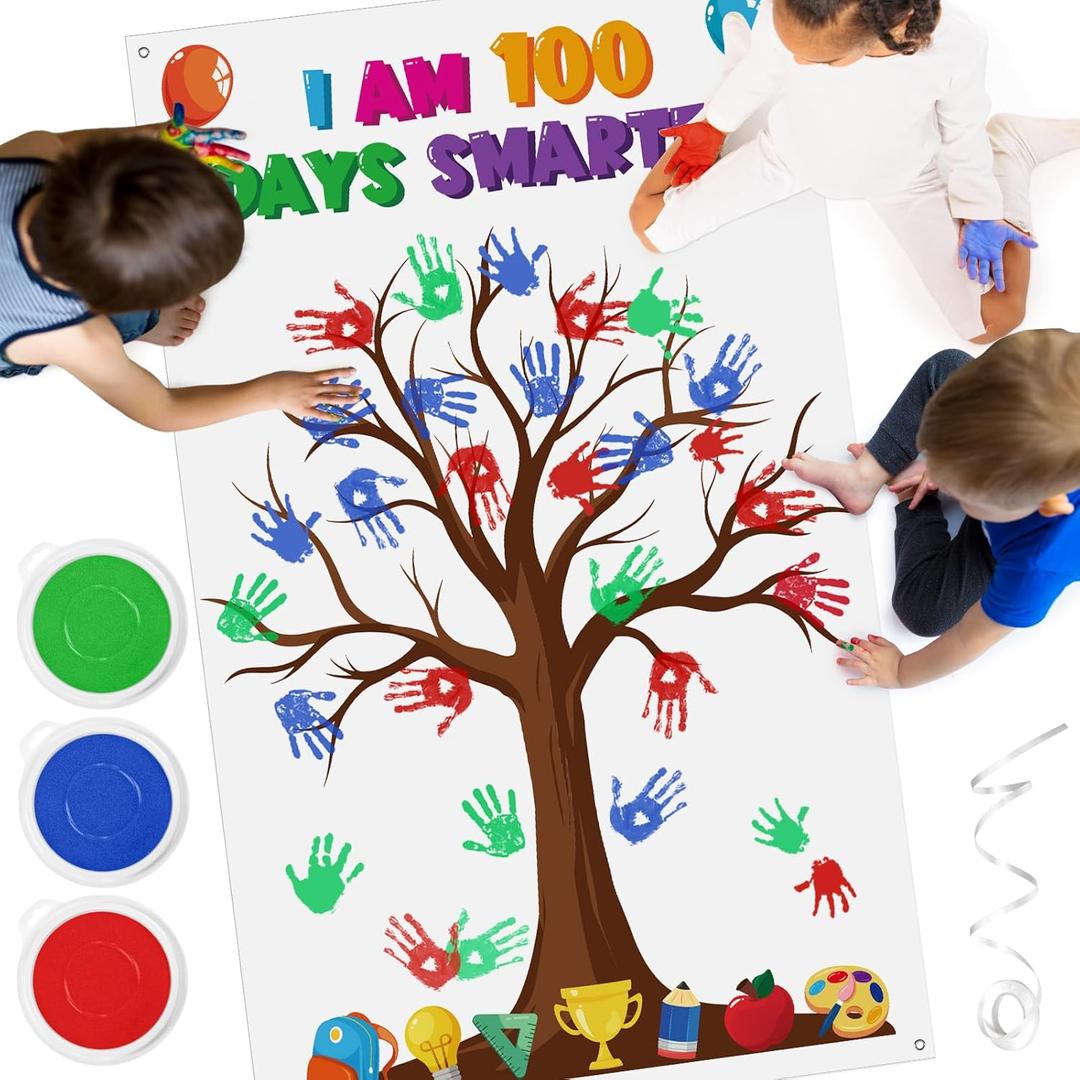 Cinrobiye 100th Day of School Craft Kit 100 Days of School Handprint Craft Hand print Banner with 3 Pcs Large Ink Pads for Classroom DIY Art Projetct Activity Wall Door Decorations (White)