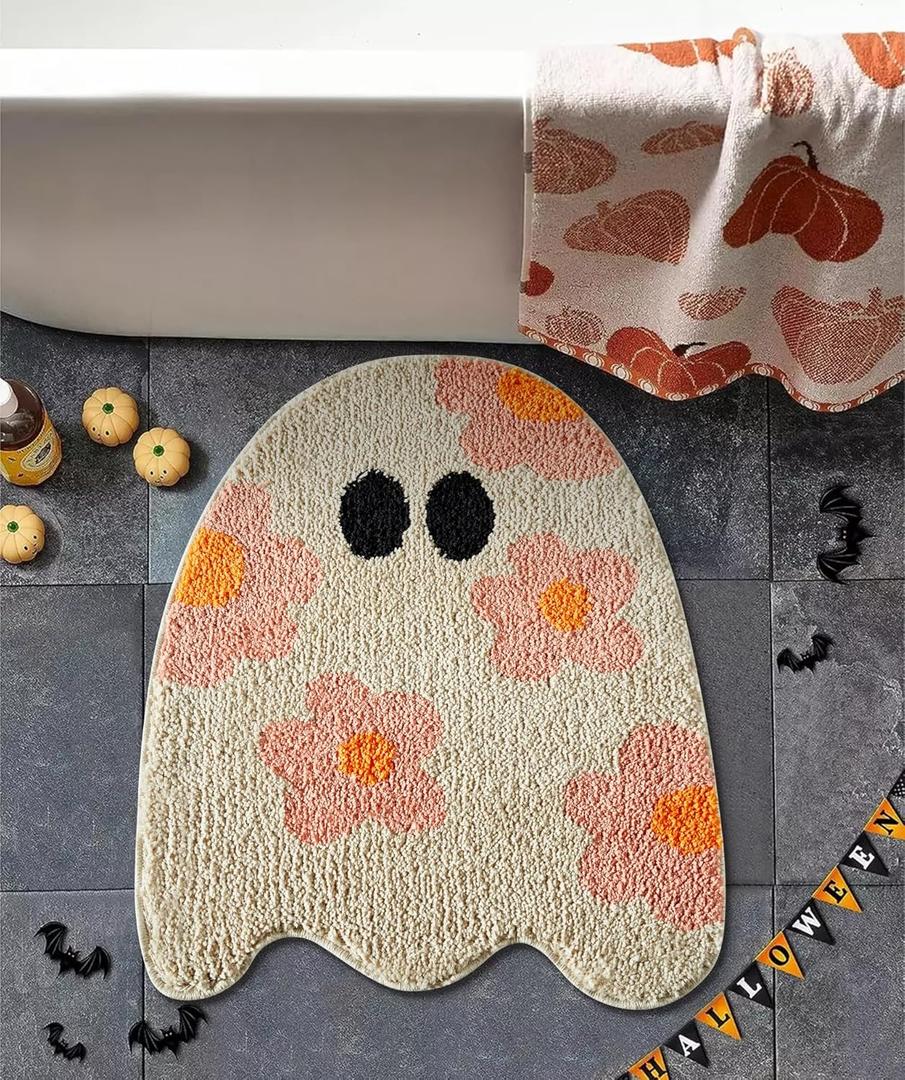 Cute Ghost Shaped Halloween Bath Mat Boho Vintage Floral Funky Halloween Bath Mat for Bathroom Aesthetic Decorations, Modern Abstract Cool Gothic Spooky Spirit Bathroom Rugs Non-Slip Washable (20''W x 24''L, Khahi)