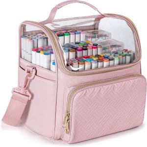 Large Marker Organizer Case for 180 Markers, Marker Storage Bag with Dividers and 4 Pockets for Paint Markers, Paint Brushes, Colored Pencils or Other Art Supplies, Pink (Patented Design)