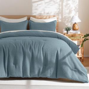 PHF Soft Waffle Comforter Set King Size- Comfy Breathable Waffle Weave Comforter with 2 Pillow Shams, 3 Pieces Less Snagging Lightweight Textured Bedding Set for All Season, Stormy Blue