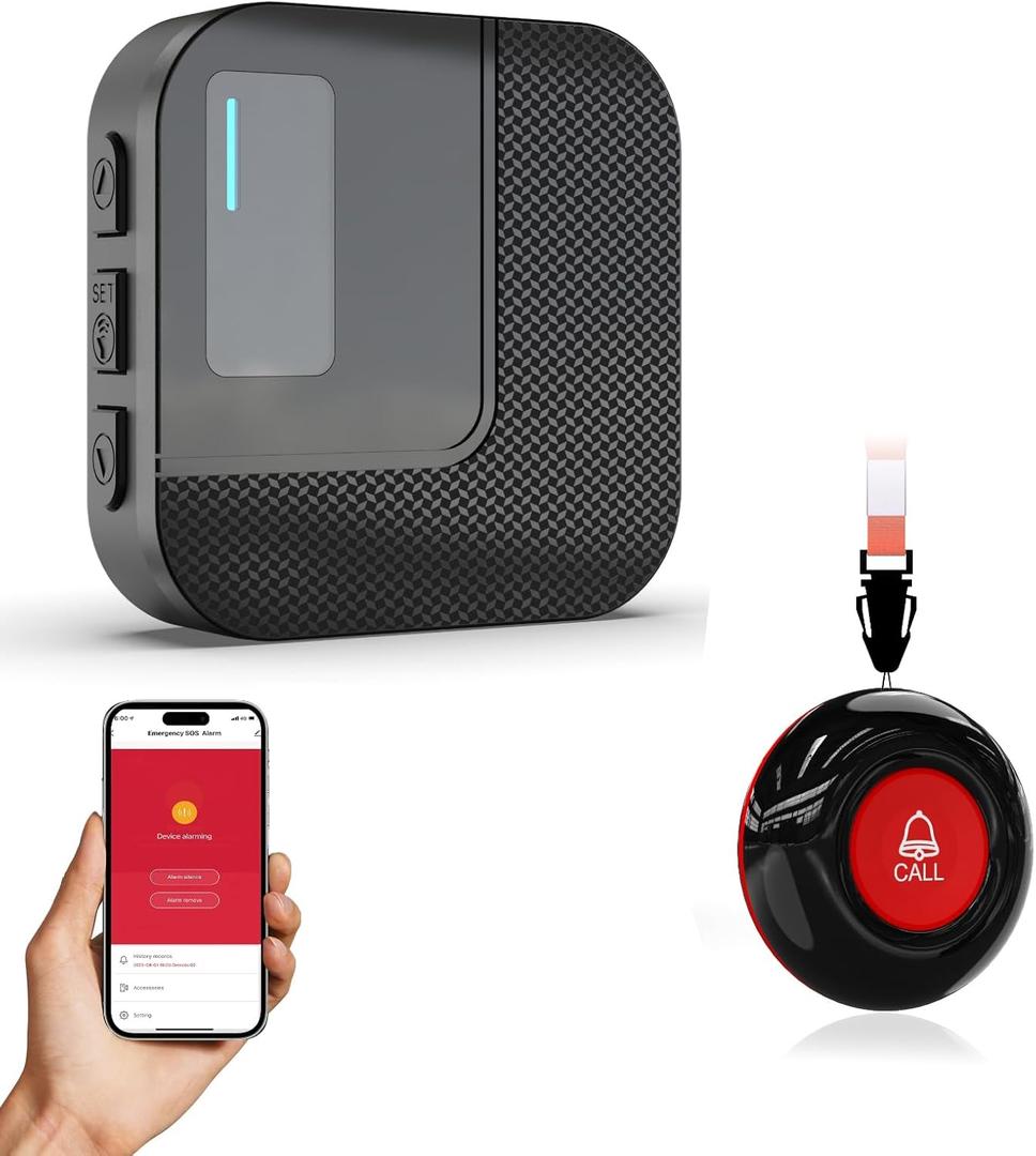 SanJie Wi-Fi Wireless Caregiver Pager Call Button for Elderly at Home - Alert Systems with App Remote Alerts & Device Sharing Suitable for Seniors & Patients and People with Disabilities (1+1, Black 01)