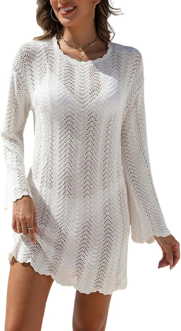 VIMPUNEC Crochet Swimsuit Coverup for Women Summer Bathing Suit Cover Ups Swimwear Beach Dress (Blue, L)