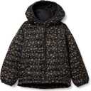 Amazon Essentials Girls and Toddlers' Lightweight Water-Resistant Hooded Packable Mock Puffer Jacket (X-Small, Black Stars)