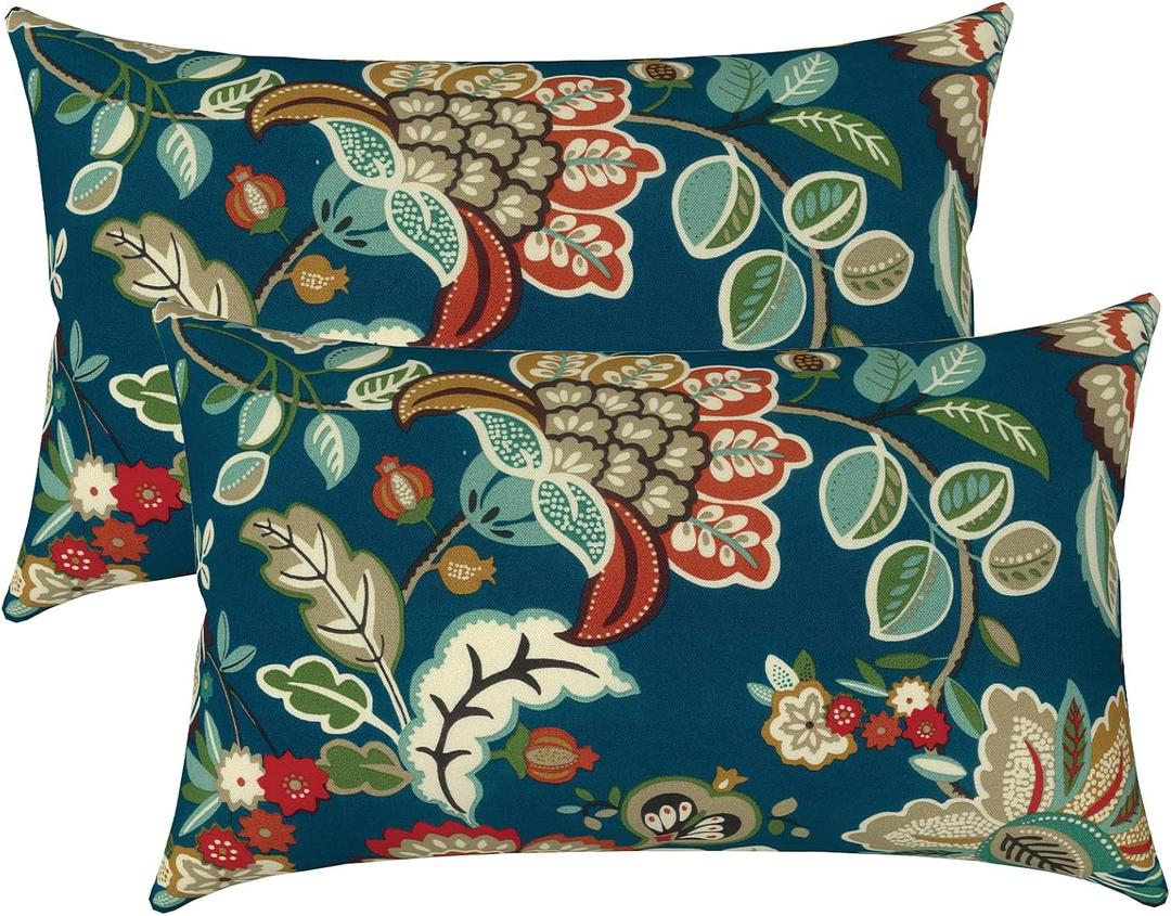 LVTXIII Outdoor Lumbar Pillow Covers Only Set of 2 Patio Decorative Pillow Cases, Water Repellent Lumbar Cushion Cases for Sofa, Patio Couch Garden Use, 12x20 Inch, Peacock Blue