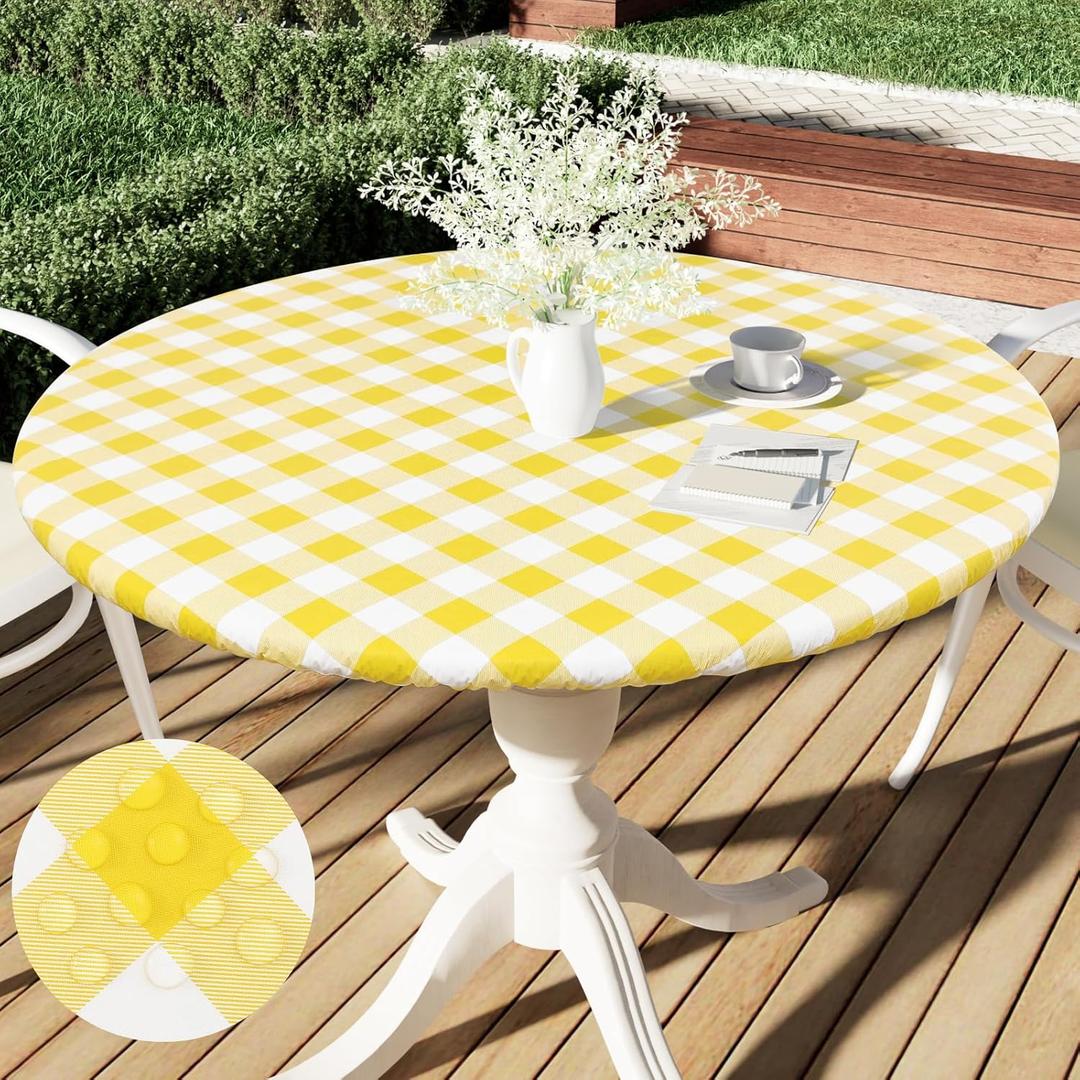 Smiry Round Picnic Tablecloth, Elastic Waterproof Fitted Vinyl Tablecloths for 36"-44" Tables, Flannel Backed Buffalo Plaid Table Cover for Dining, Camping, Outdoor, White and Yellow