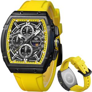 OLEVS Men Watches Business Dress Chronograph Big Square Quartz Analog Male Watch Silicone Strap Waterproof Date Gift Mens Wrsit Watch Silver