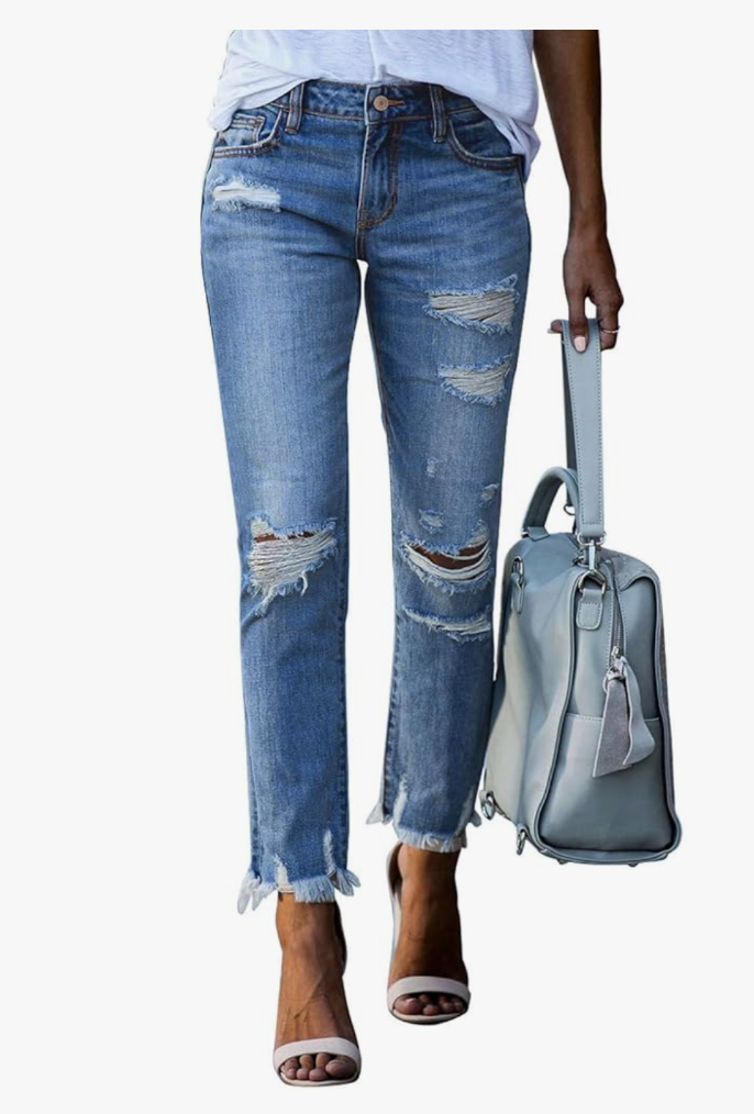 Sidefeel Women's Ripped Jeans Straight Leg Distressed Boyfriend Denim Pants Size 8