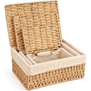 Small Wicker Basket with Lid, Khaki Paper Rope Woven Storage Basket with Removable Liner, Stackable Shelf Bin for Bathroom, Closet, Nursery