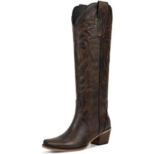 wetkiss Dark Brown Cowboy Boots for Women Knee High Womens Cowgirl Western Tall Boots with Classic Retro Embroidered Chunky Heel Slip On Pointed Toe Women's Country Long Boot for Ladies Party, Size 8