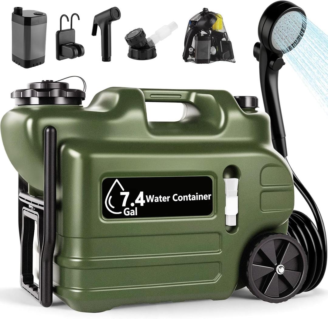 Portable Shower for Camping, Camping Shower Kit (Large 7.4 Gal/28L Water Jug, 6000mAh Camp Shower Pump IPX7, Shower Head & Spray Nozzle), Outdoor Shower for Travel, Hiking, RV, Pet Bath, Car, Plants