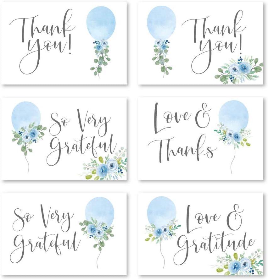 Hadley Designs Baby Shower Thank You Cards with Envelopes - 24 Baby Boy Thank You Cards for Gift, 4x6 Boy Thankyou Notes Babyshower Sprinkle, Cute Blue Floral Shower Thanks Card